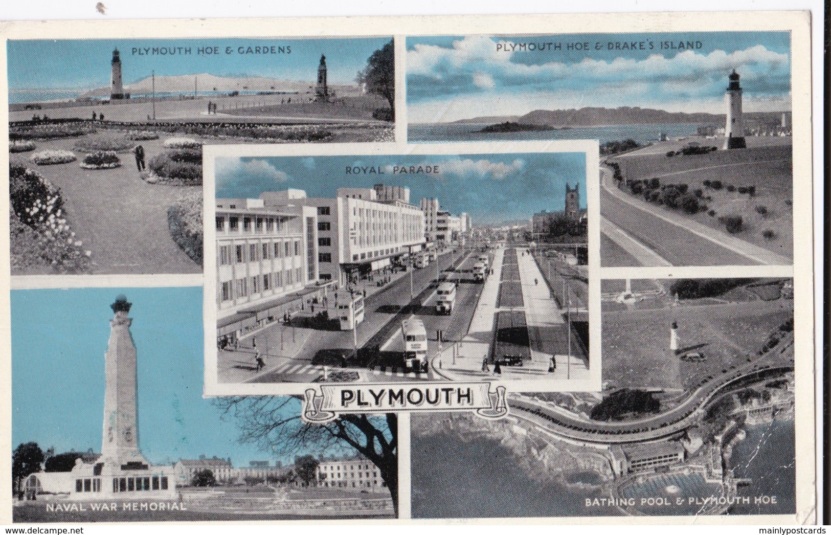 AQ77 Plymouth Multiview - Dennis Photoblue Postcard - Postage Due - Plymouth