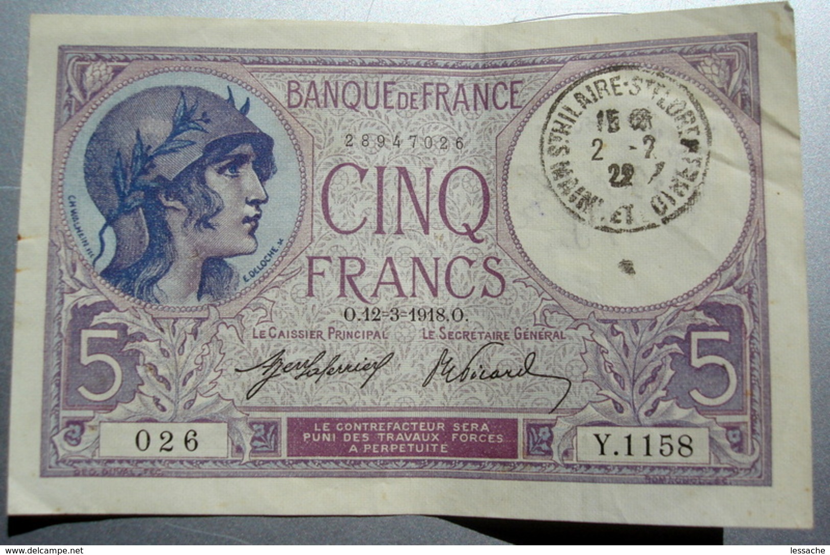 BILLET DE LA BANQUE DE FRANCE CINQ FRANCS LE 12 MARS 1918 - 5 F 1917-1940 ''Violet''