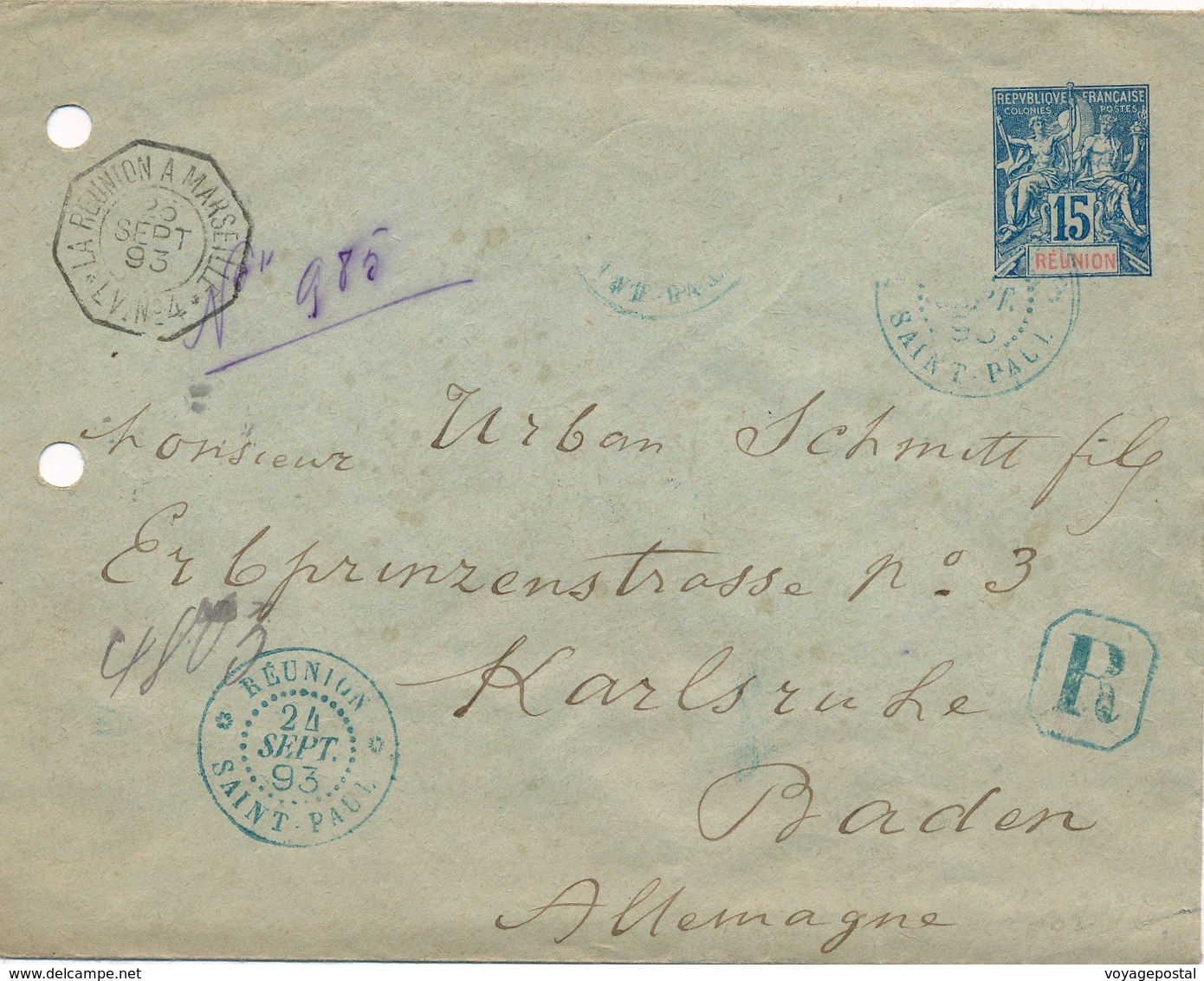 Entier Postal Recommandé Saint Paul Reunion Pour Karlsruhe - Lettres & Documents