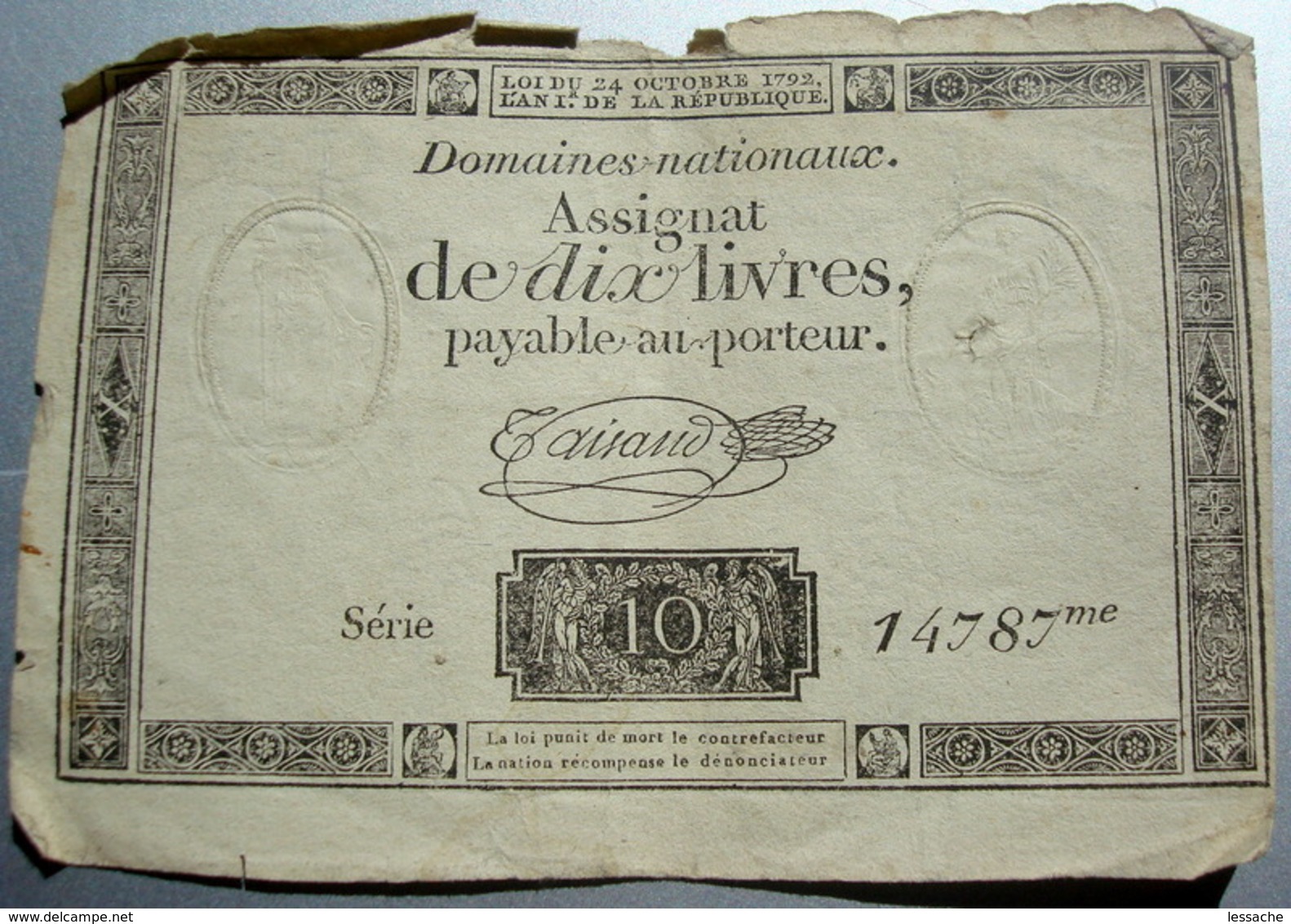 ASSIGNAT DE DIX LIVRES PAYABLE AU PORTEUR AVEC FILIGRANES - Assignats