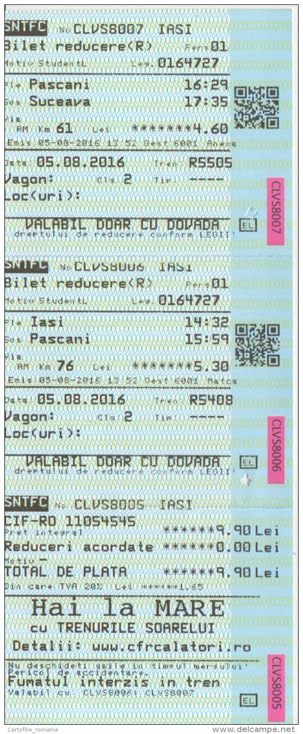 Romania CFR Train Ticket Railway Ticket For 2 Trips Intern Trips Used Ticket, Transportation Ticket For 1 Person, Stamp - Europa