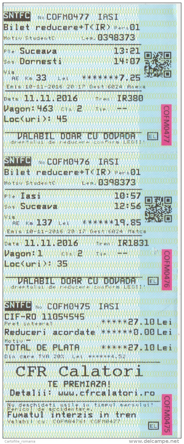 Romania CFR Train Ticket Railway Ticket For 2 Trips Intern Trips Used Ticket, Transportation Ticket For 1 Person, Stamp - Europa