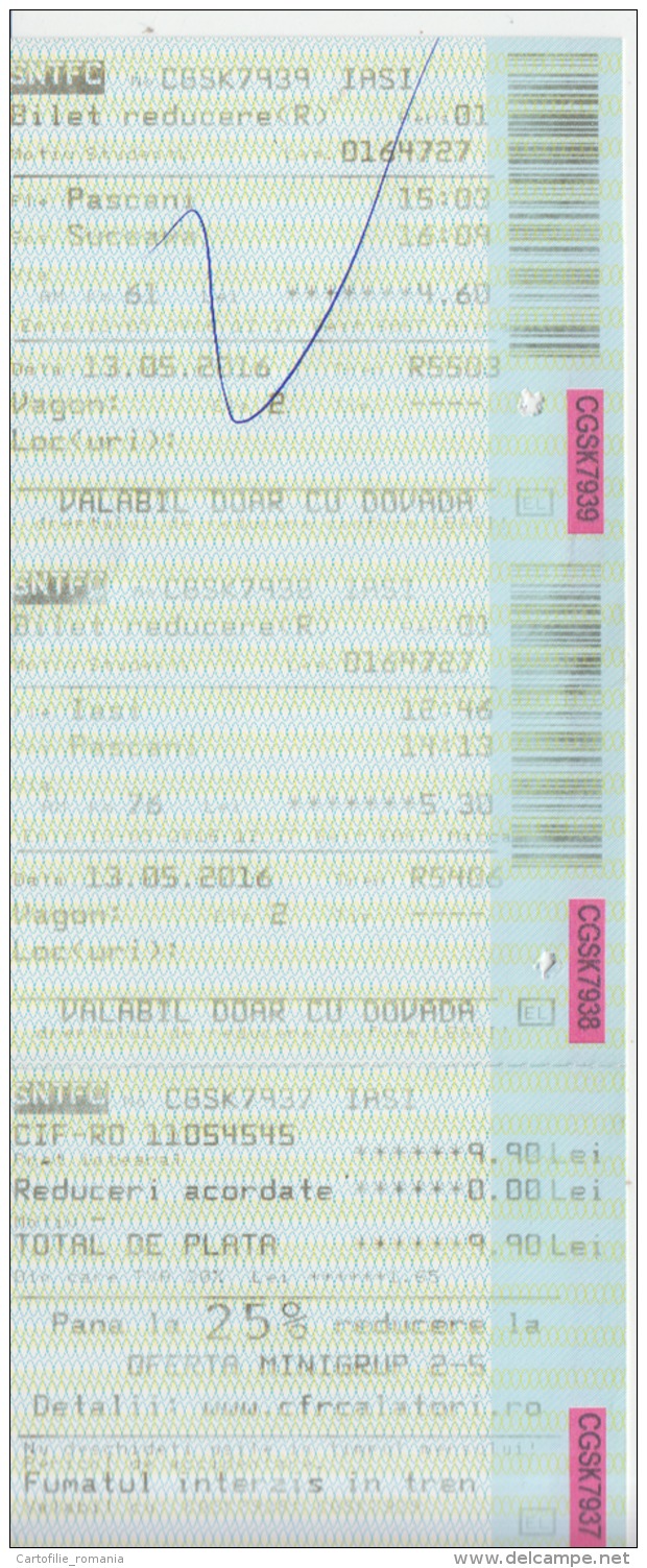 Romania CFR Train Ticket Railway Ticket For 2 Trips Intern Trips Used Ticket, Transportation Ticket For 1 Person, Stamp - Europe