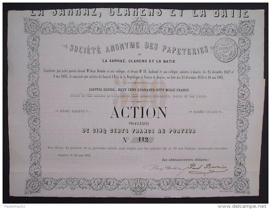 Papeteries La Sarraz, Clarens Et La Batie Actions De 500 Francs Geneve 1865 - Industrie