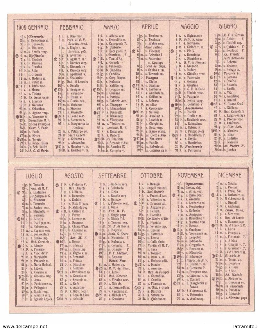 CALENDARIETTO 1909  SEMESTRINO  CASSA MUTUA COOPERATIVA ITALIANA PER LE PENSIONI - Altri & Non Classificati