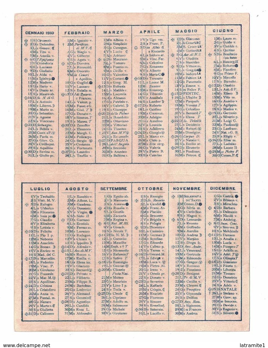 CALENDARIETTO 1910  SEMESTRINO  FERRO CHINA BISLERI - Altri & Non Classificati