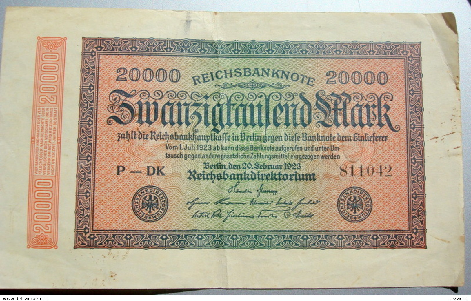 REICHSBANKNOTE, BILLET ALLEMAND 1923 - 20.000 Mark