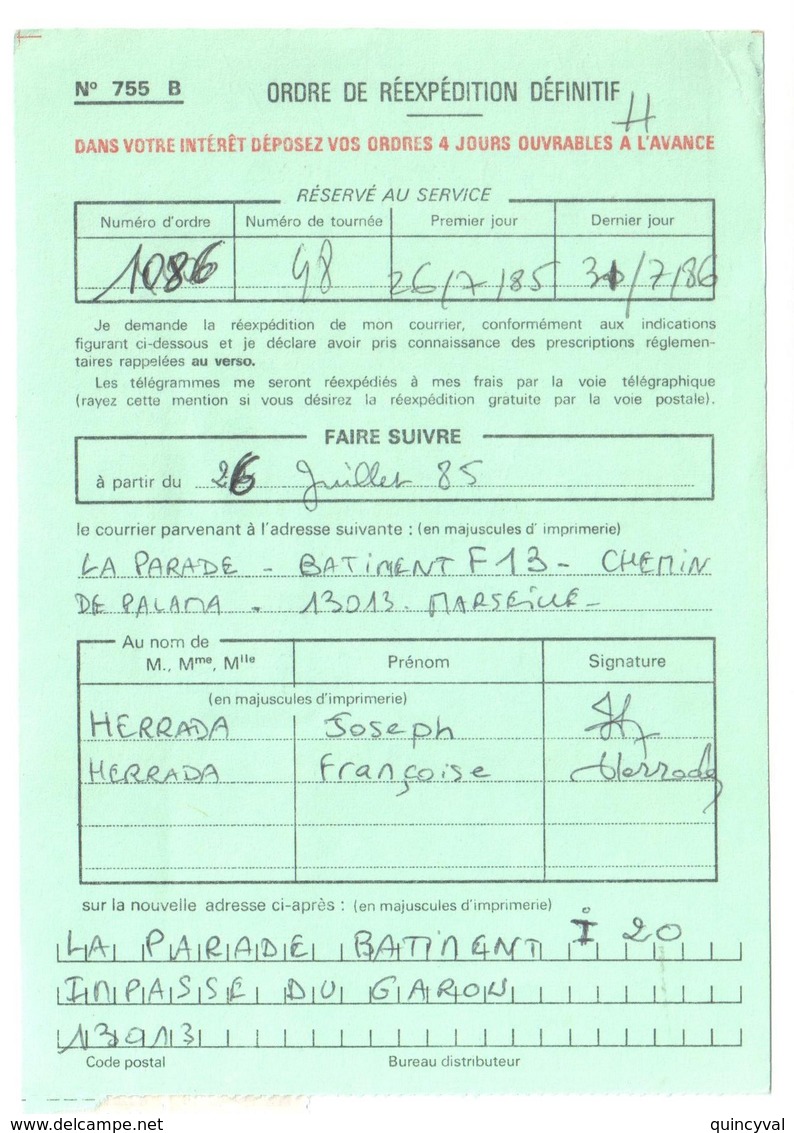 MARSEILLE Château Gombert Ordre Réexpédition Définitif Formule 755b Ob 1985 Liberté 10F Violet 4F Rouge Yv 2276 2244 - Cartas & Documentos