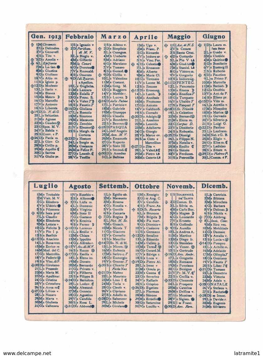 CALENDARIETTO 1913  SEMESTRINO  FELICE BISLERI  GIOCONDA ACQUA MINERALE PURGATIVA ITALIANA - Altri & Non Classificati