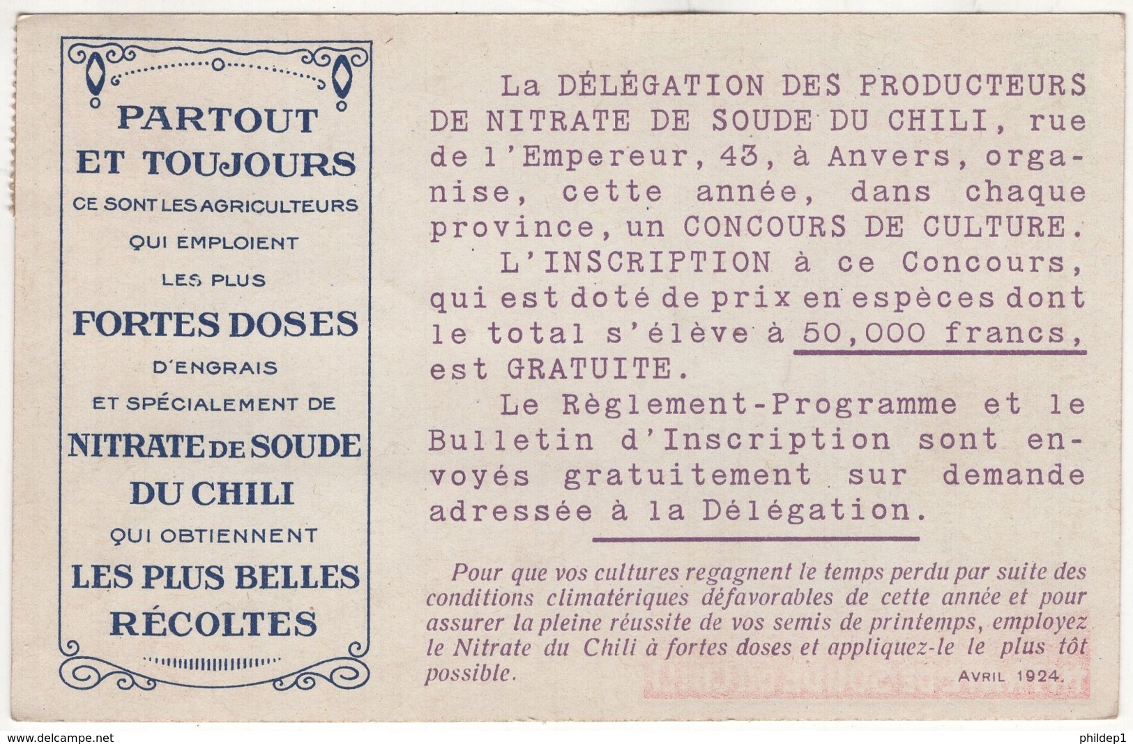 Abondance Par Le Nitrate De Soude Du Chili. Superbe Carte Avec TP Préoblitéré 1924 - Agricoltura