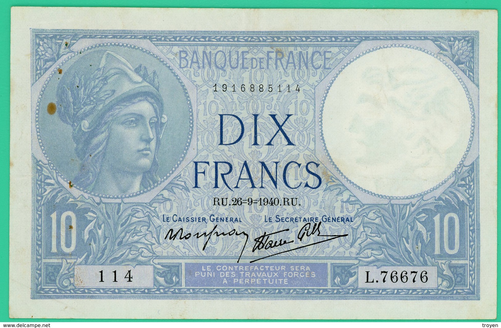 10 Francs - France -  Minerve - N° L.76676 114 / RU.26=9=1940.RU.. - TTB -- - 10 F 1916-1942 ''Minerve''