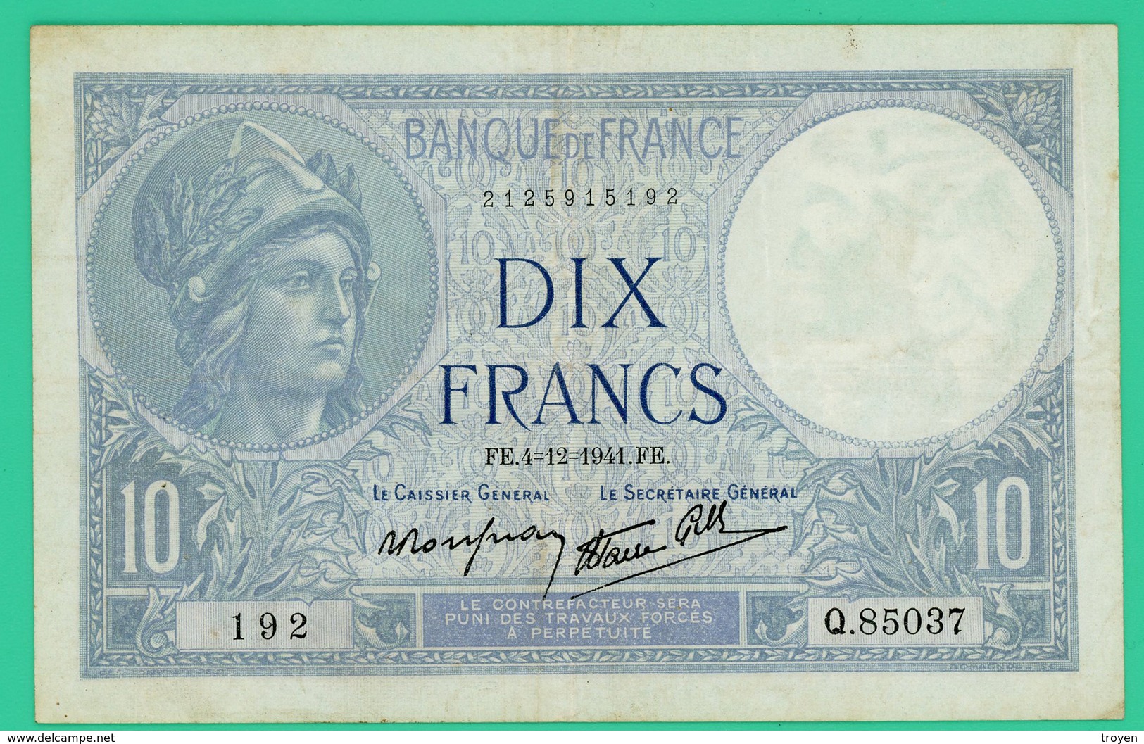 10 Francs - France -  Minerve - N° Q.85037 192 / FE.4=12=1941.FE. - TTB -- - 10 F 1916-1942 ''Minerve''