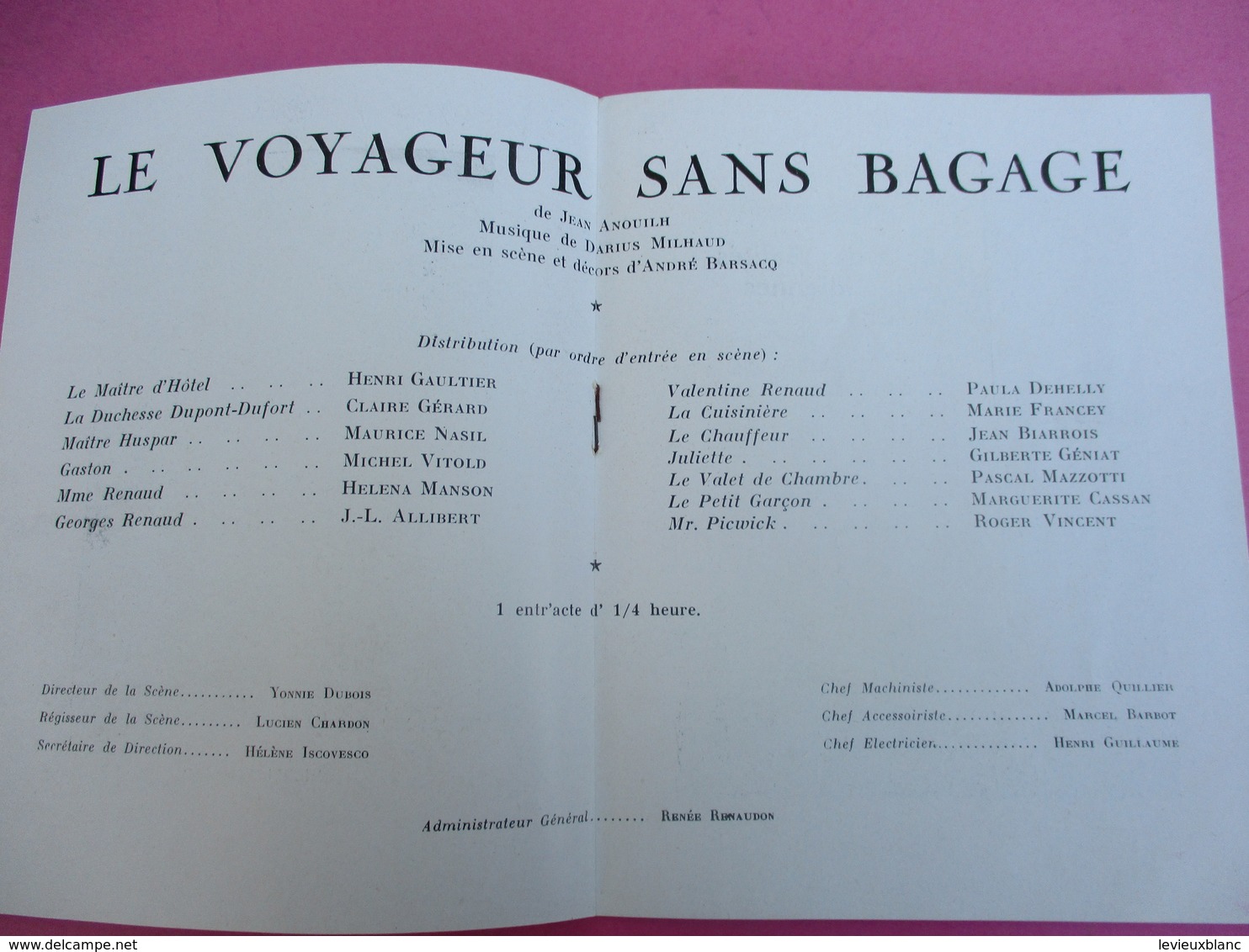 Théâtre MONTPARNASSE Gaston BATY/ Le Voyageur Sans Bagage/Anouilh/ Michel VITOLD/ Saison 1950-1951   PROG175 - Programma's