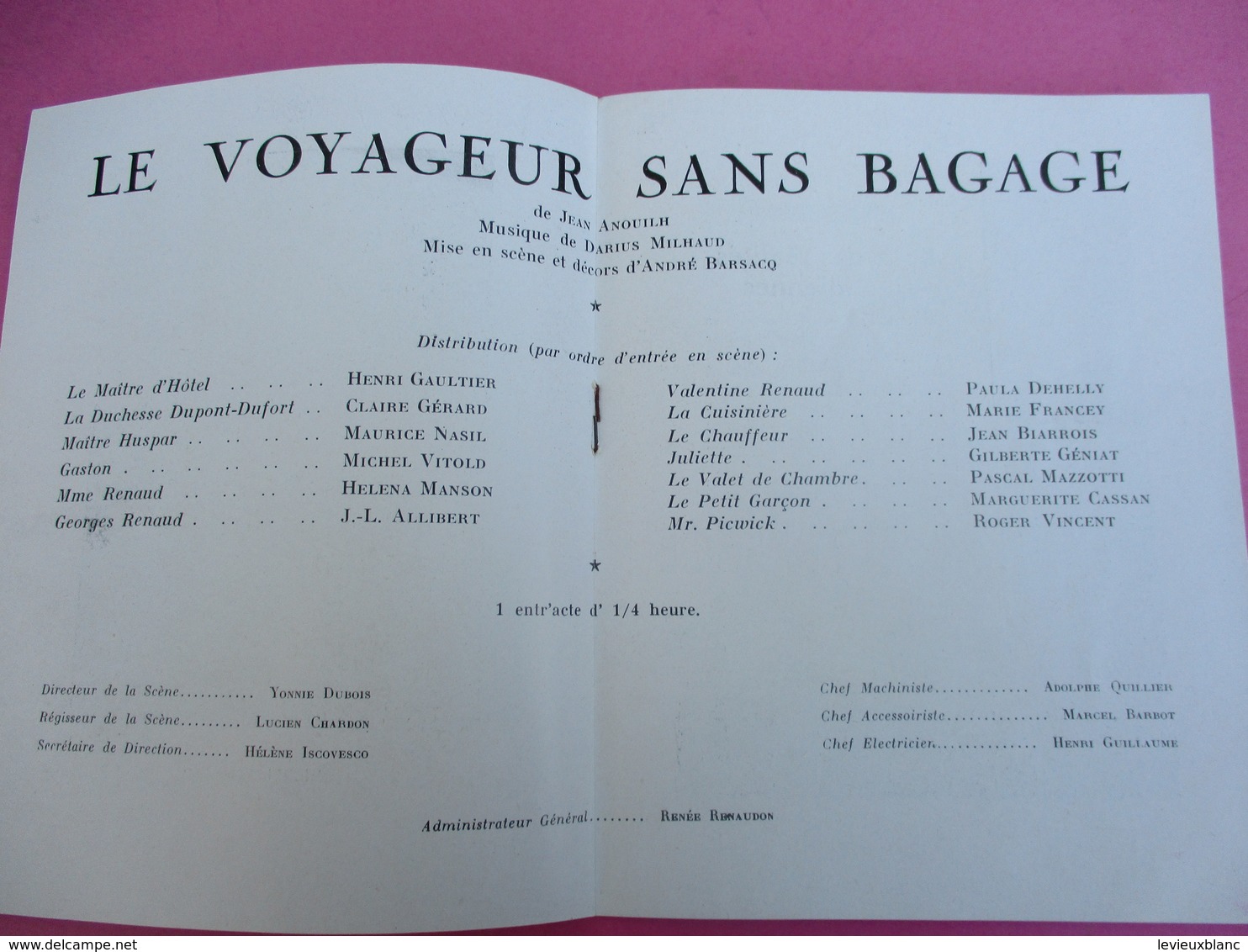 Théâtre MONTPARNASSE Gaston BATY/ Le Voyageur Sans Bagage/Anouilh/ Michel VITOLD/ Saison 1950-1951   PROG175 - Programmes