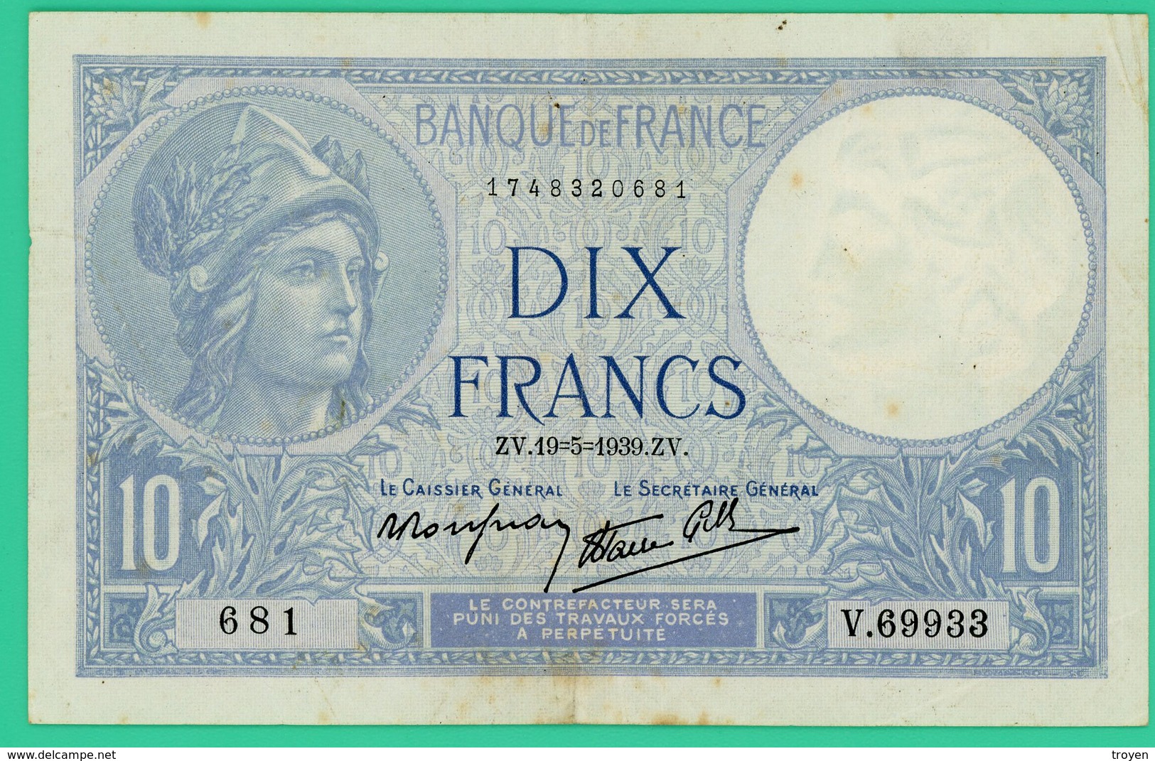10 Francs - France -  Minerve - N° V.69933 681 / ZV.19=5=1939.ZV. - TTB -- - 10 F 1916-1942 ''Minerve''