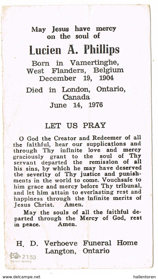 Vlamertinge, London (USA): 1904-1976 - Lucien A.Phillips = Naar Amerika Uitgeweken Belg. (2 Scans) - Images Religieuses