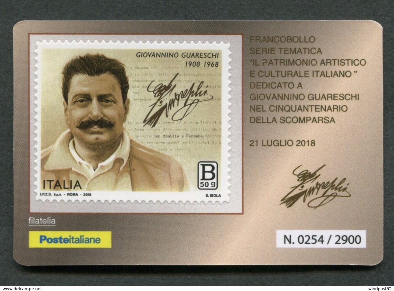 ITALIA TESSERA FILATELICA 2018 - ANNIVERSARIO SCOMPARSA GIOVANNINO GUARESCHI - 829 - Philatelistische Karten