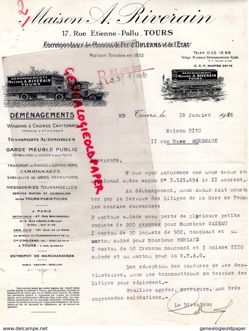 37- TOURS -RARE LETTRE MAISON A. RIVERAIN-TRANSPORTS DEMENAGEMENTS-DEMENAGEUR- GARDE MEUBLE - 17 RUE ETIENNE PALLU- 1946 - Transportmiddelen