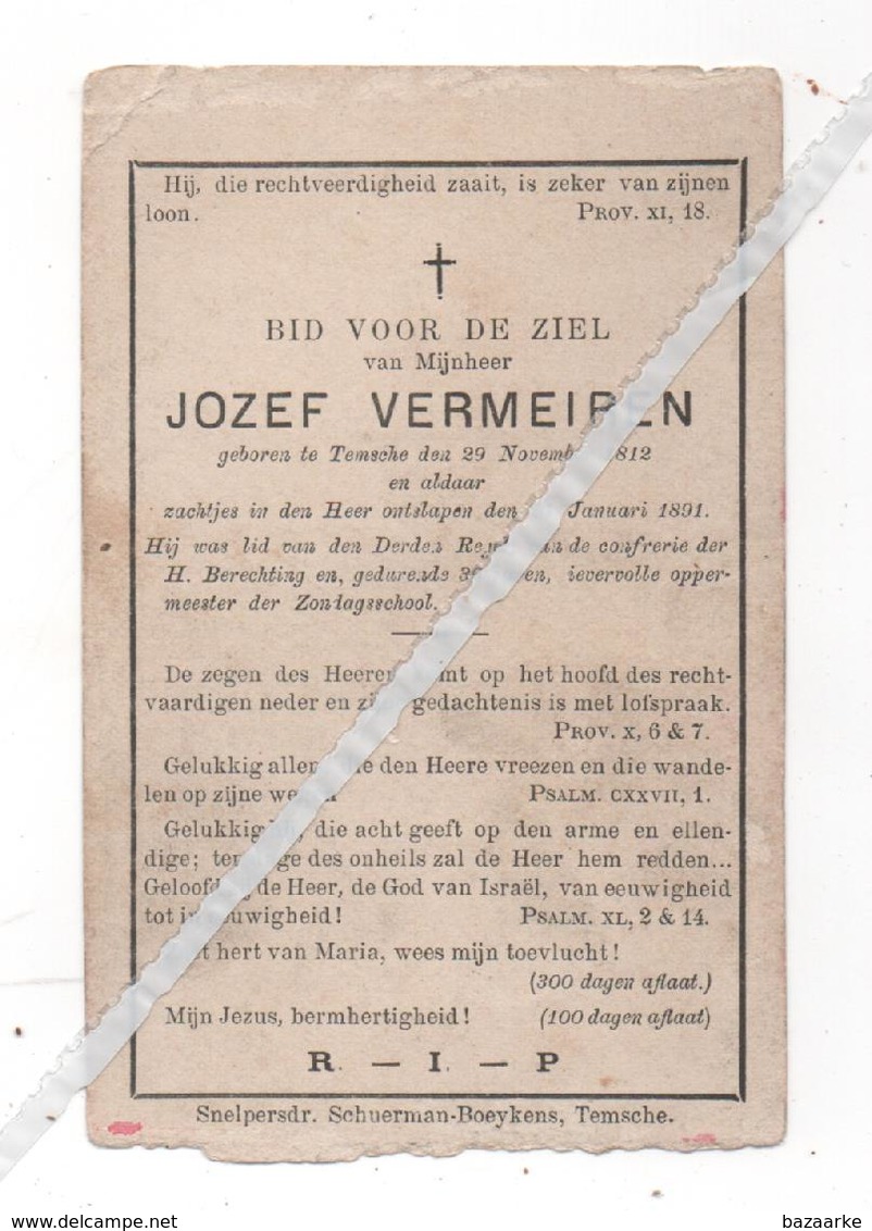 JOZEF VERMEIREN ° TEMSCHE 1812 + 1891 LID VAN DEN DERDE REGEL..36 JAAR IEVERVOLLE OPPERMEESTER ZONDAGSCHOOL - Imágenes Religiosas