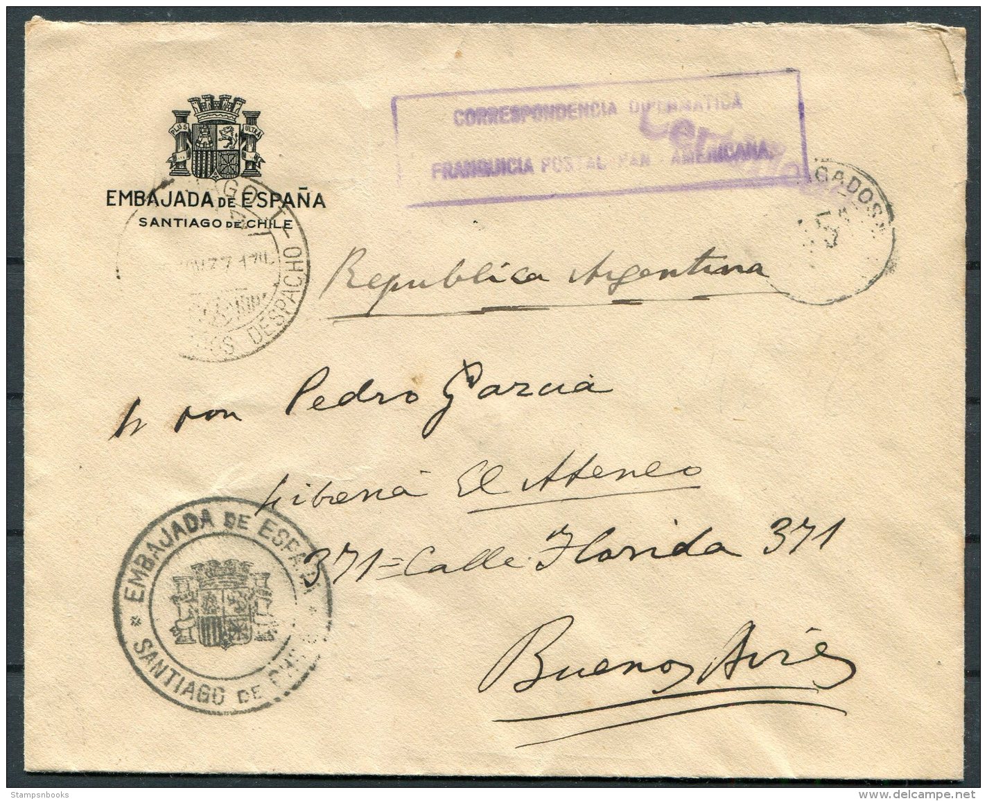 1937 Chile Spainsh Embassy Diplomatic Cover Santiago - Buenos Aires, Argentina - Chile