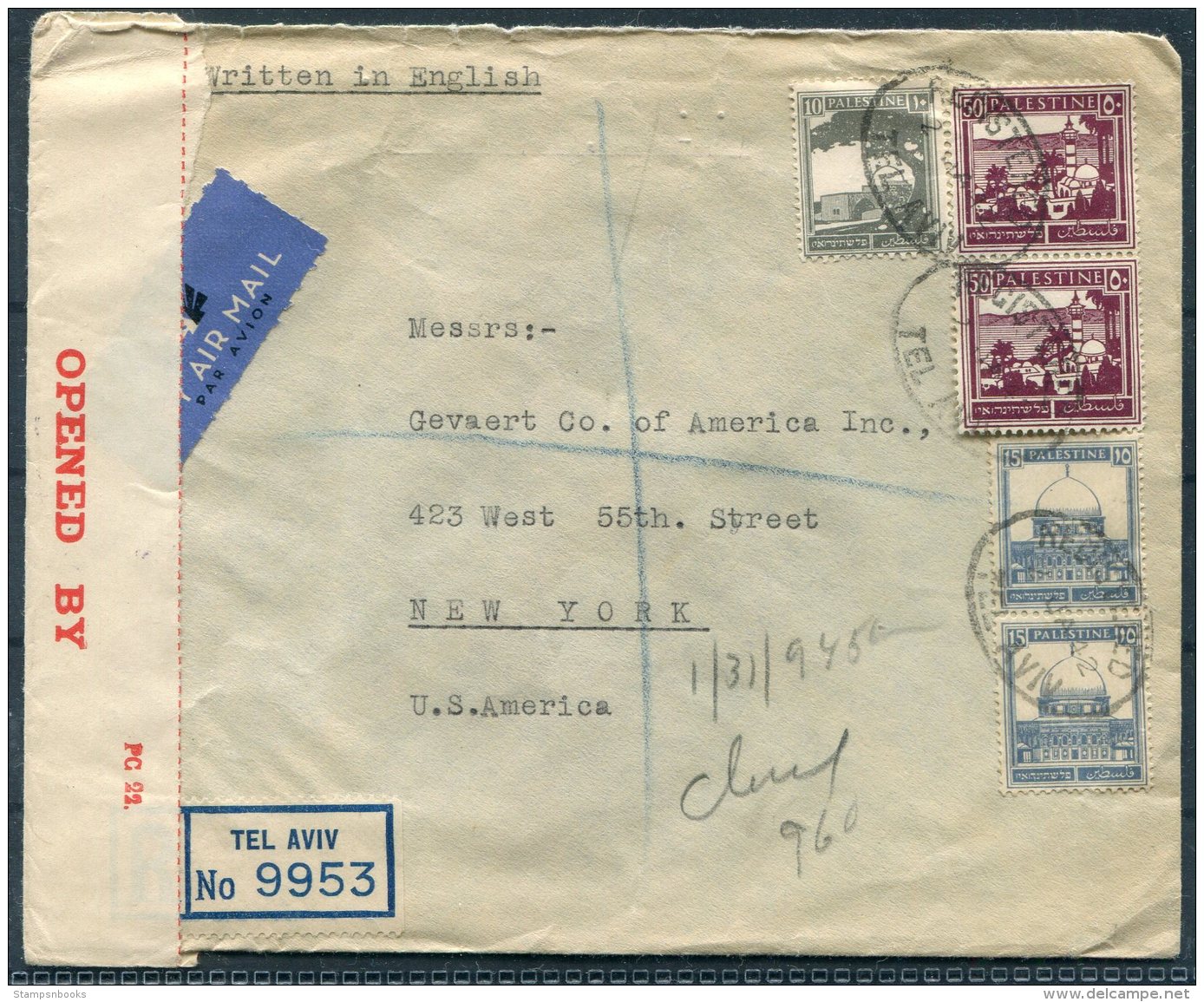 1942 Palestine Registered Censor Airmail Cover, Universal Trading Co.Tel Aviv - New York, USA - Palestine