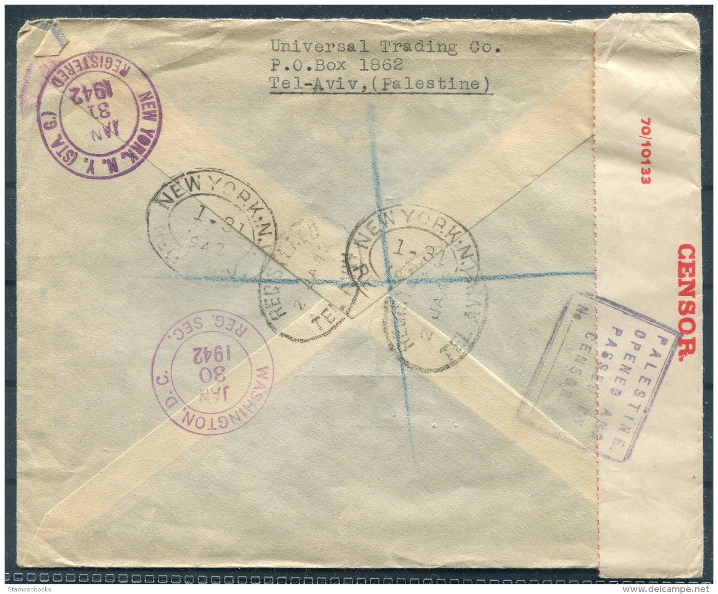 1942 Palestine Registered Censor Airmail Cover, Universal Trading Co.Tel Aviv - New York, USA - Palästina