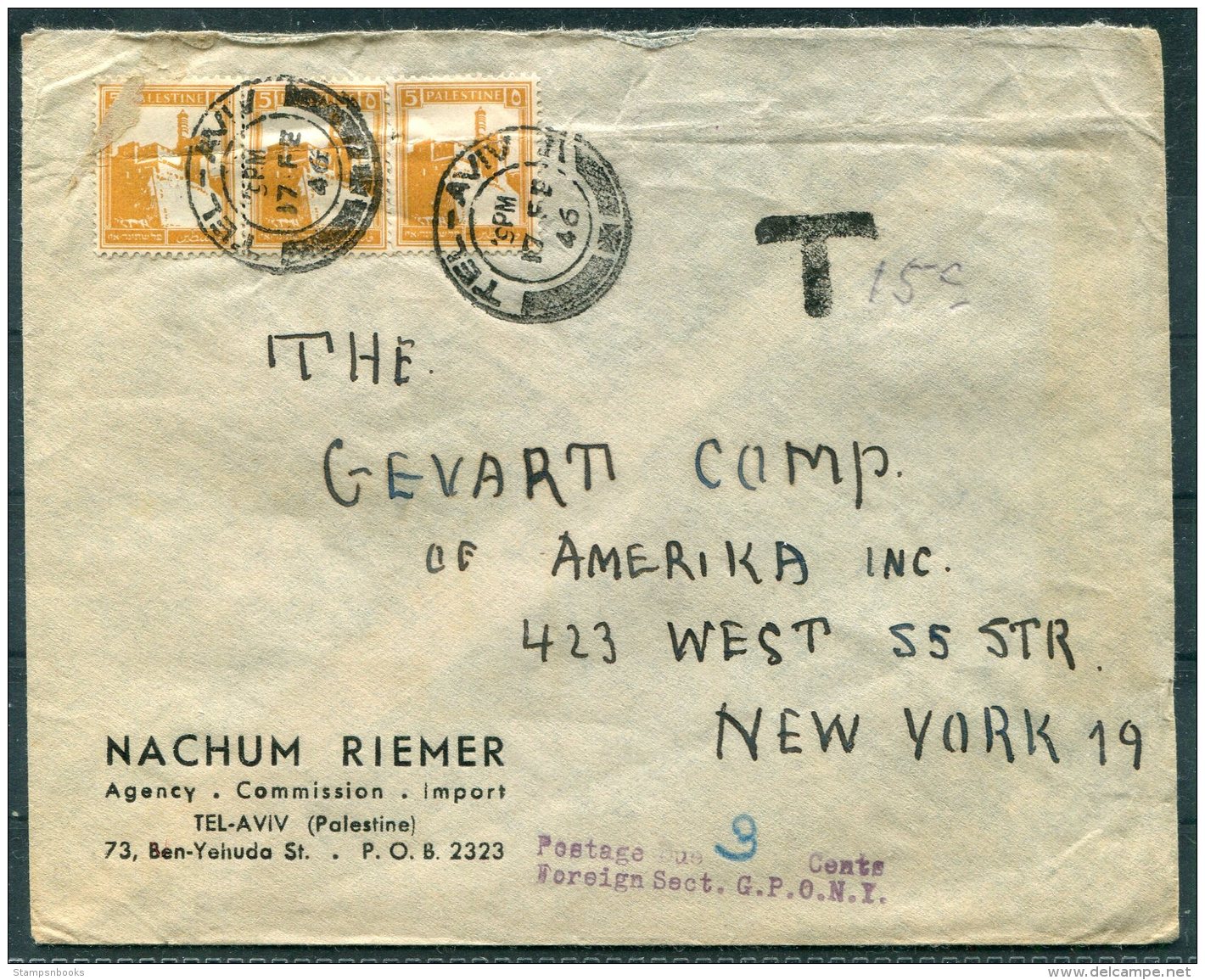 1946 Palestine  Nachum Riemer, Tel Aviv Cover - New York, USA. Postage Due, Taxe - Palestine