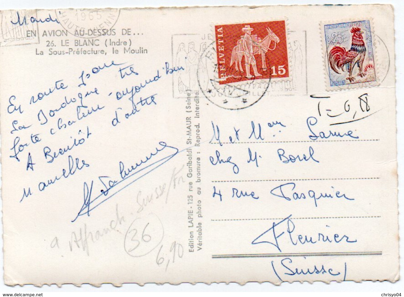 88Sv   36 Le Blanc Vue Aerienne 2 Timbres Français Et Suisse Obliterations Cachet - Le Blanc