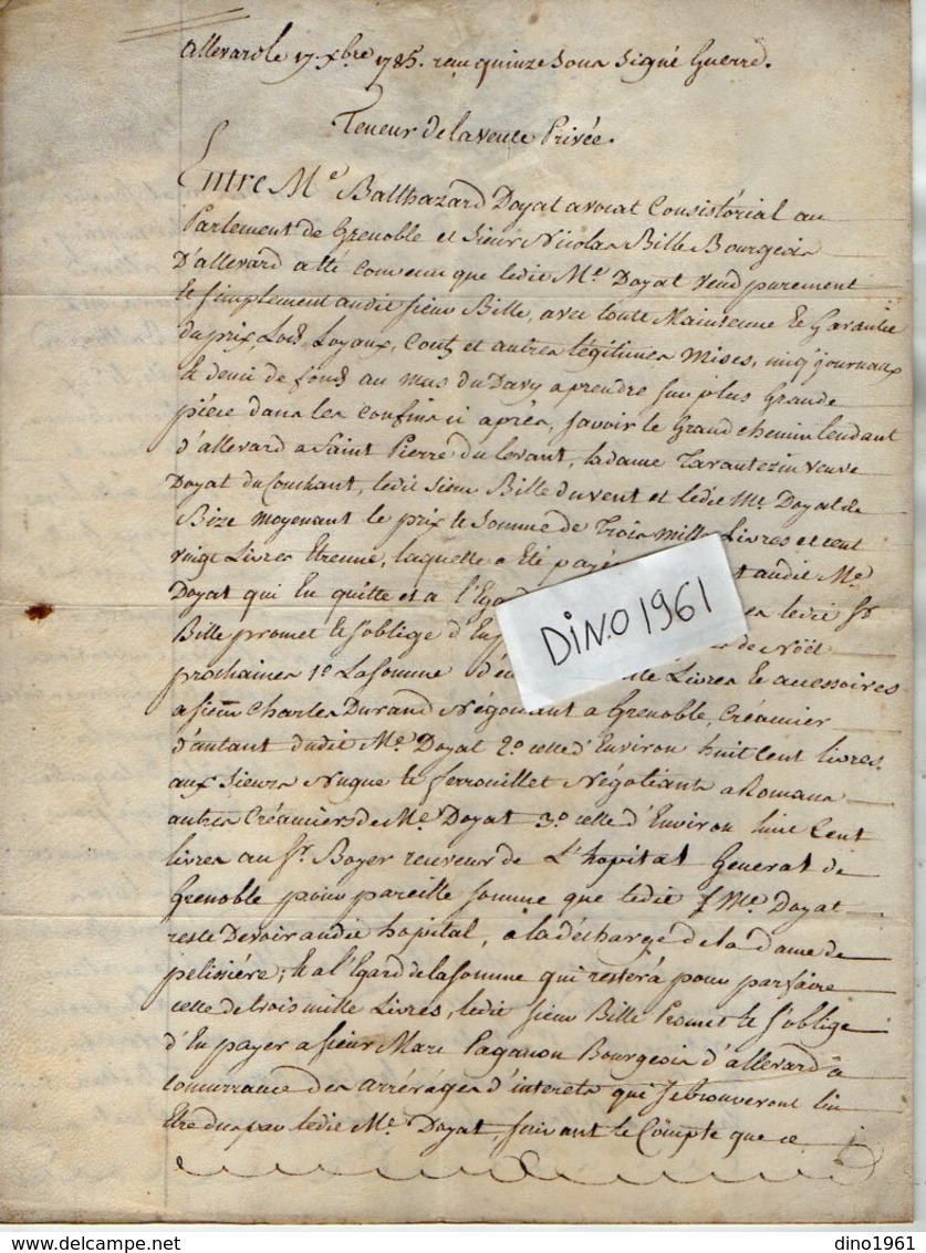 VP12.983 - Cachet Généralité - GRENOBLE -  Acte De 1785 - Dépot De Vente - Mr Nicolas BILLAZ D'ALLEVARD - Matasellos Generales