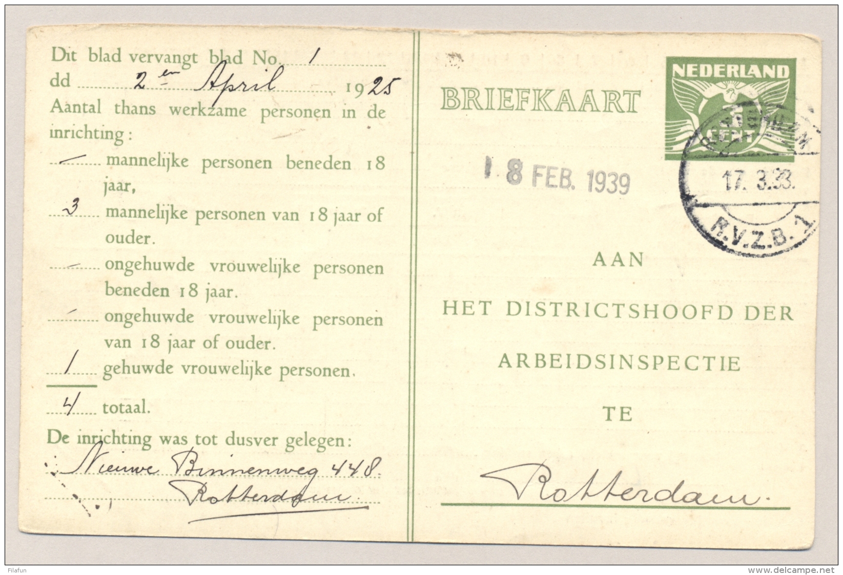 Nederland - 1933 - 3 Cent Arbeidslijstkaart G15a Met LB-stempel ROTTERDAM / RVZB 1 - Poststempels/ Marcofilie
