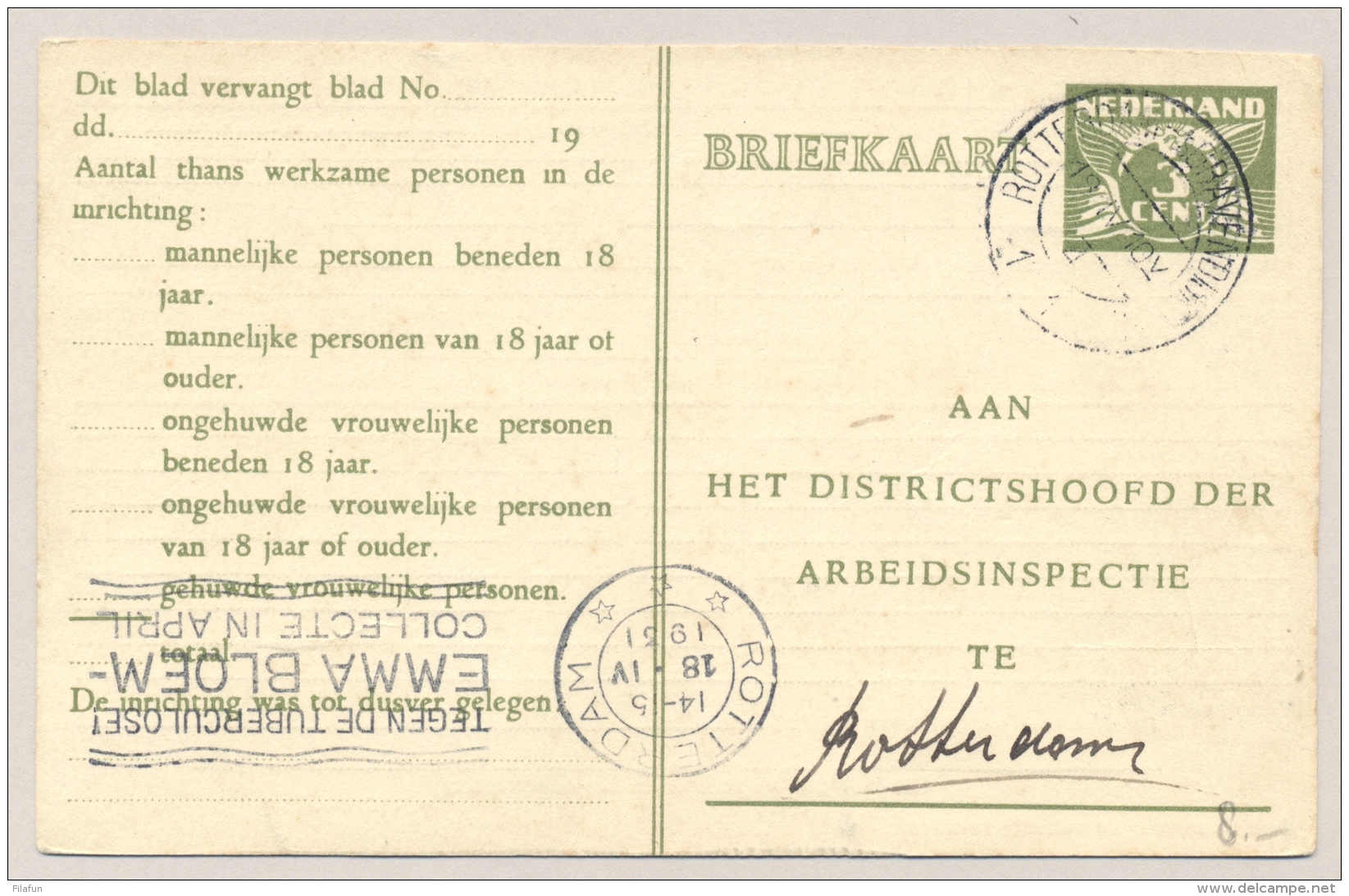 Nederland - 1931 - 3 Cent Arbeidslijstkaart G15a Met KB-stempel ROTTERDAM - 's GRAVENDIJKWAL / 4 - Poststempels/ Marcofilie