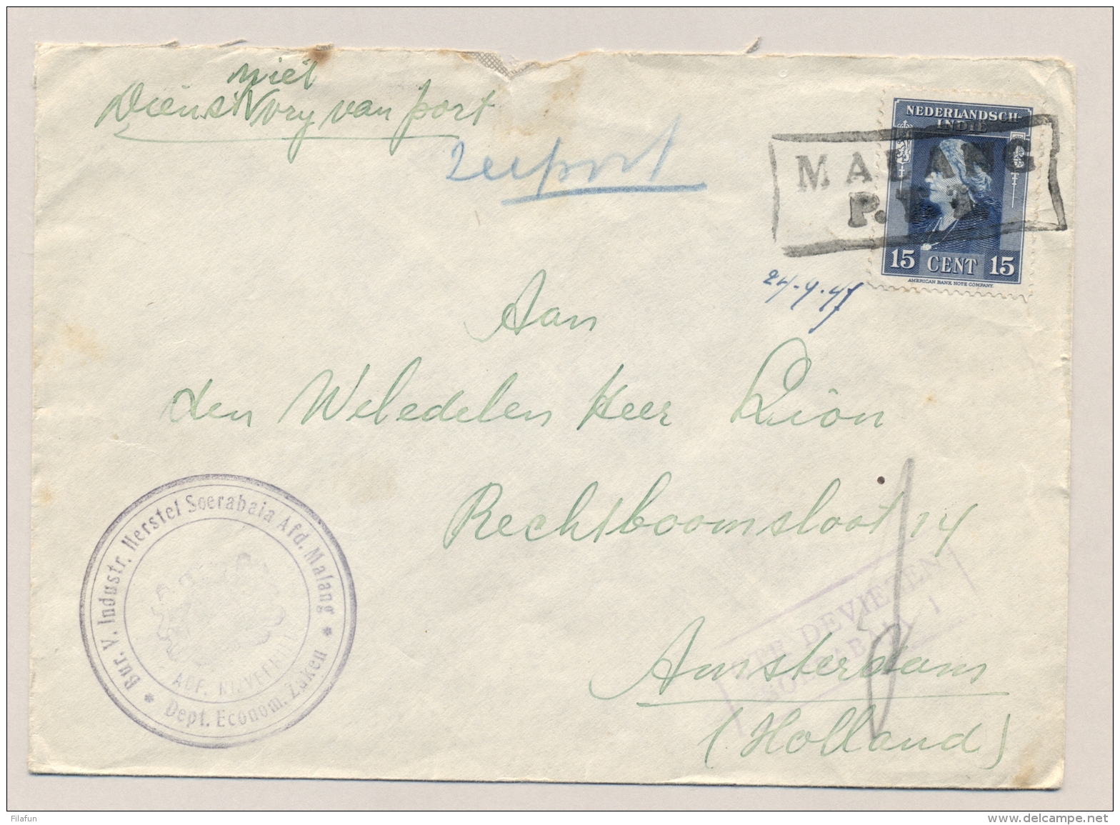 Nederlands Indië - 1947 - 15 Cent Wilhelmina Met Noodstempel MALANG PTT En Deviezencensuur Soerabaja Naar Amsterdam - Nederlands-Indië