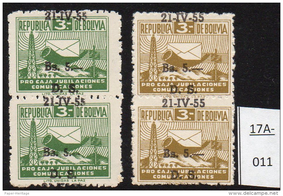 Bolivia 1955 Obligatory Tax Set/2 5b/3b Post-horn Radio Mast Surcharge à Cheval &ndash; See Text. MNH - Bolivia
