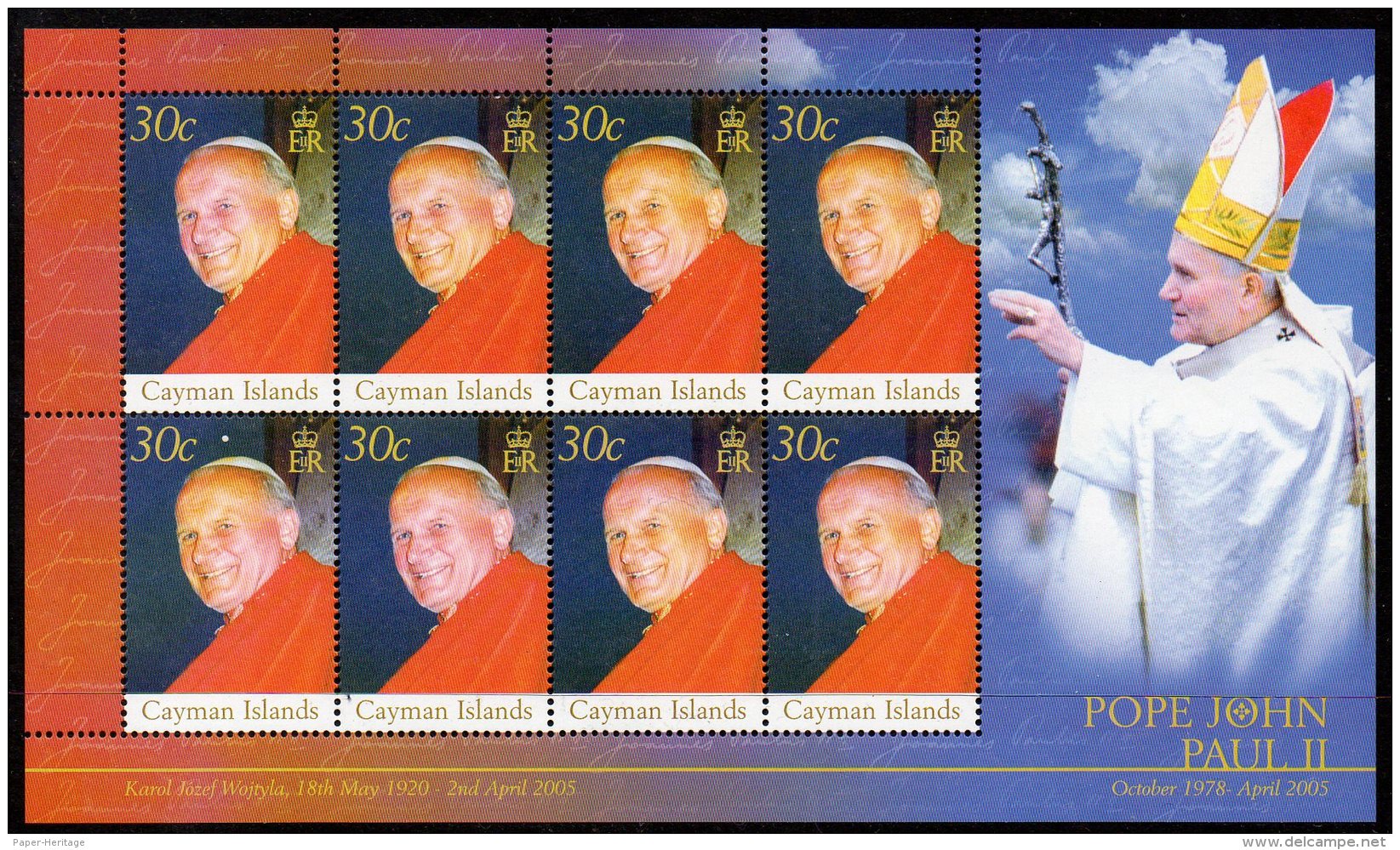 Cayman Islands 2005 Religion Pope Jean-Paul II Sheetlet/8.  MNH. SG 1073 X 8 - Popes