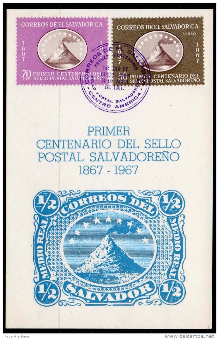 1967 El Salvador Stamp Centenary Set/2 Volcano On Fdc (first Day CARD), Neat Special Cancel. - El Salvador