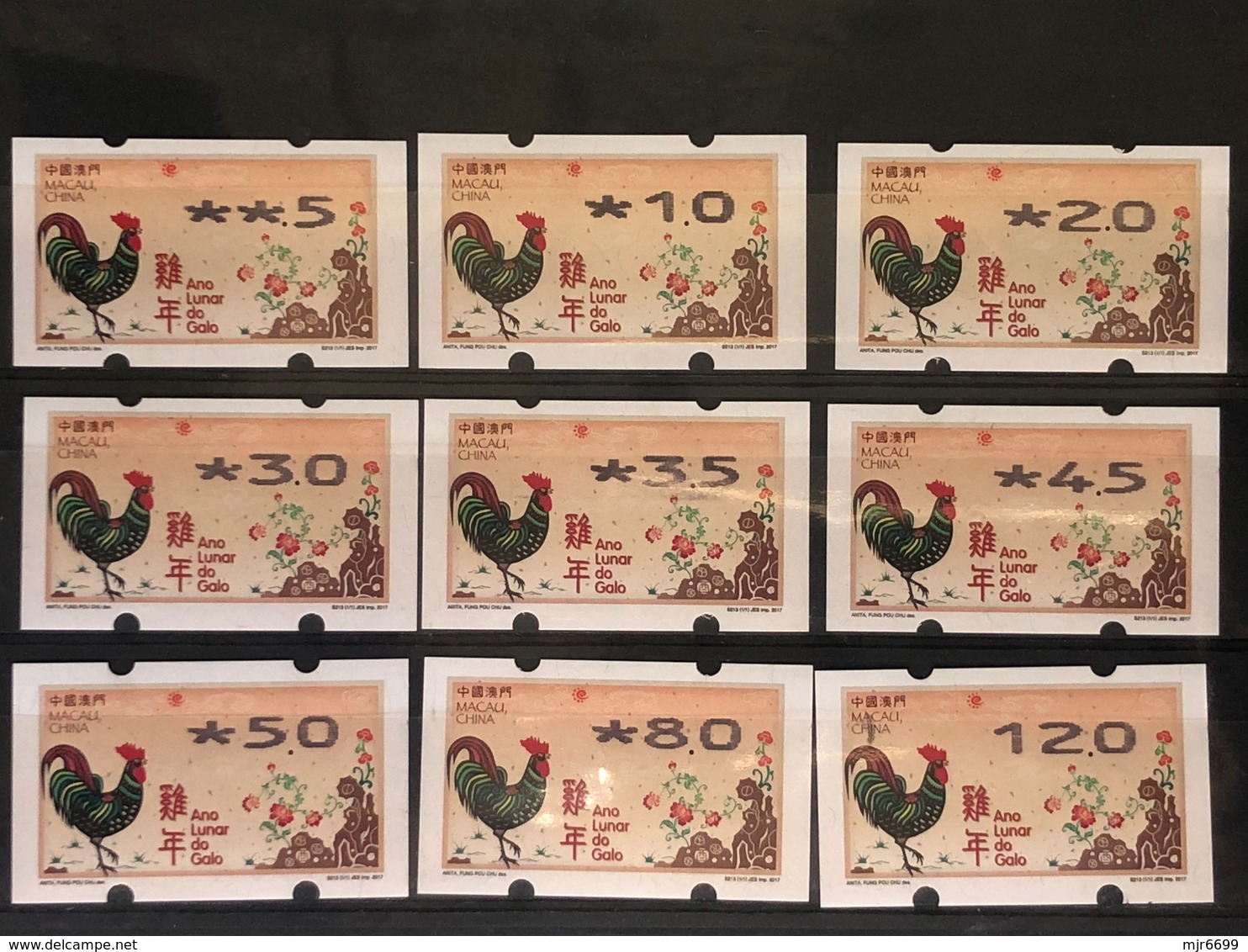 MACAU ATM LABELS, ZODIAC NEW YEAR OF THE ROOSTER ISSUE SET OF 9 ALL FINE UM MINT - Automatenmarken