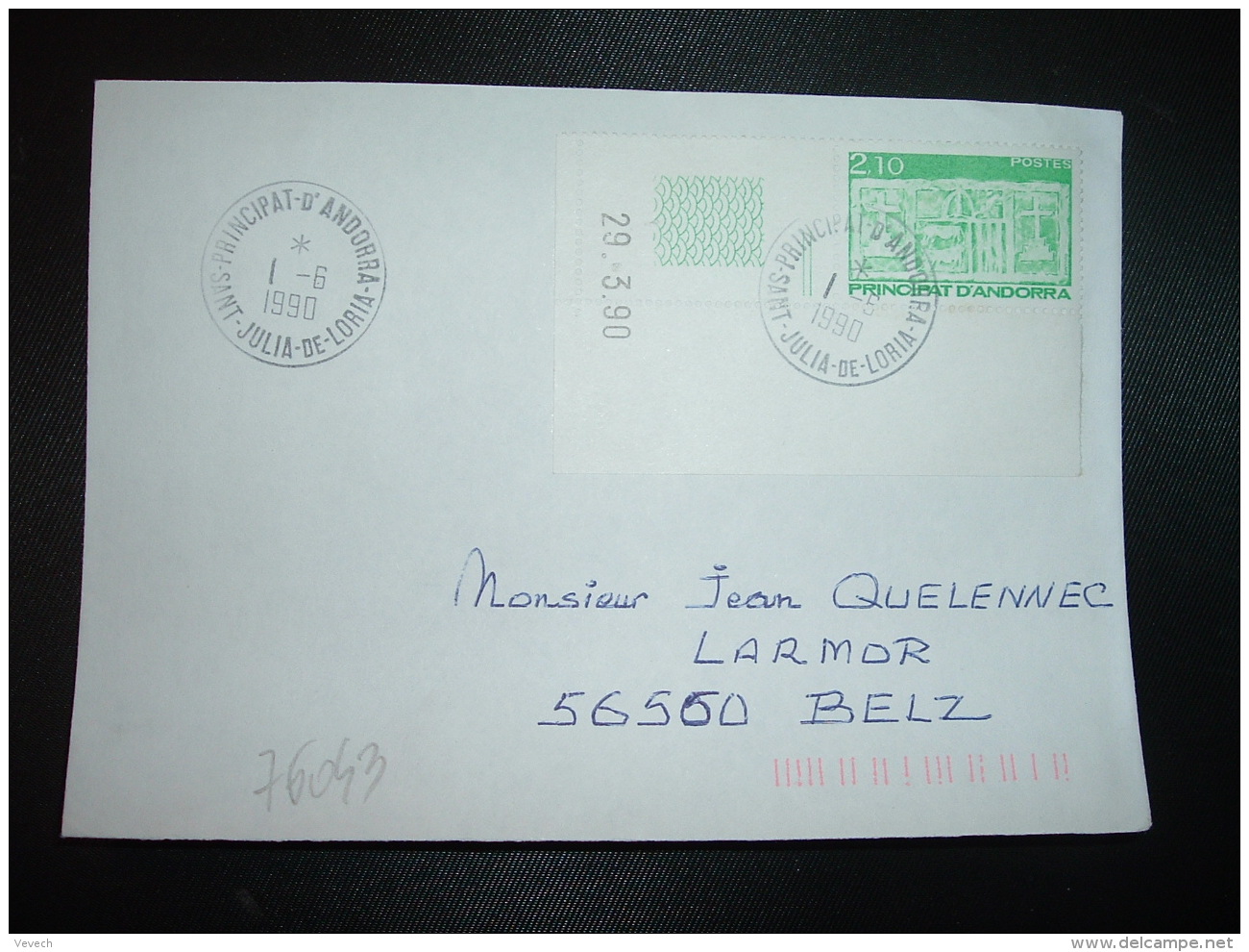 LETTRE TP 2,10 COIN DATE 29.3.90 OBL.1-6 1990 SAINT JULIA DE LORIA - Lettres & Documents