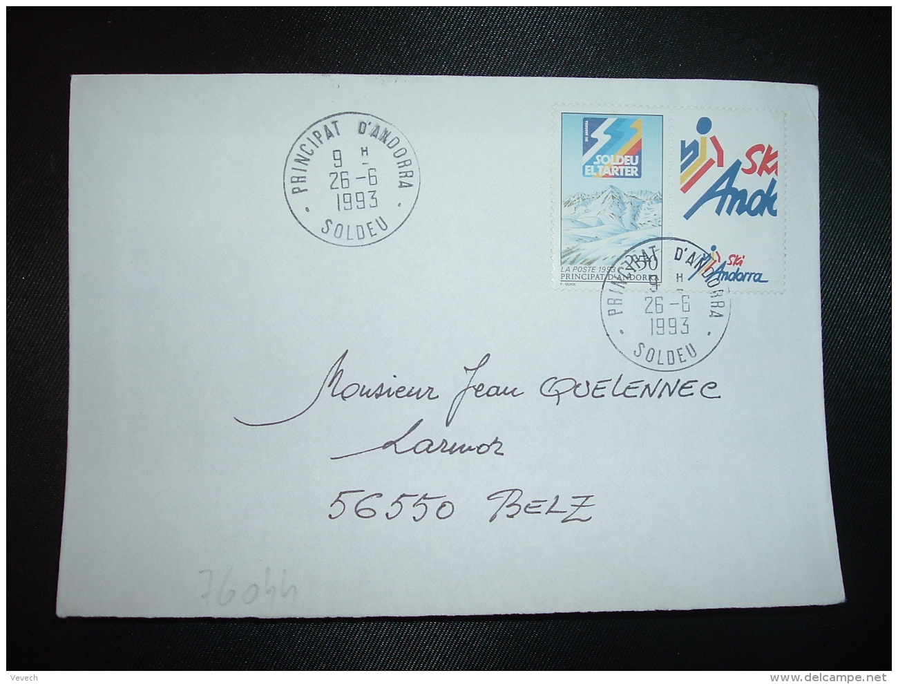 LETTRE TP SOLDEU EL TARTER + VIGNETTE SKI OBL.26-6 1993 SOLDEU - Lettres & Documents