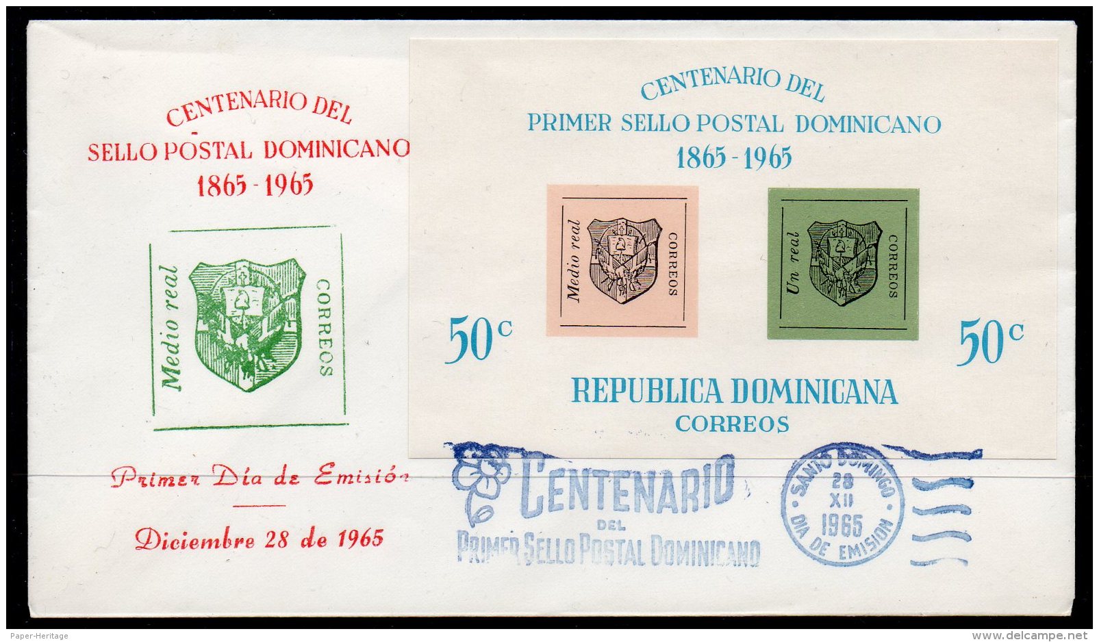 Dominican Republic 1965 Stamp Centenary M/s On Fdc : Stamp-on-stamp Flower Flora Cancellation - Dominican Republic