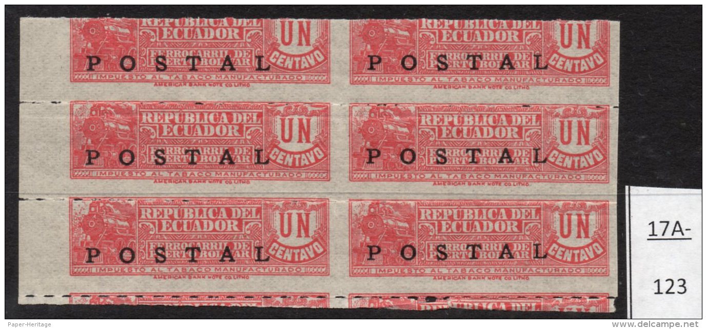 Ecuador 1936 POSTAL Opt On 1c Tobacco Revenue Railway Train Blk/6 IMPERF VERTICALLY. MNH - Ecuador