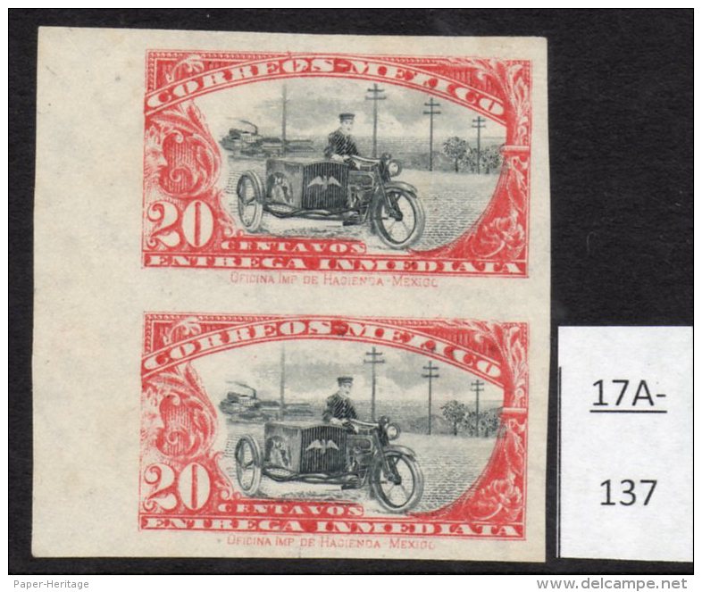 Mexico 1924 Express Postman Motorbike Motorcycle IMPERF Pair, Mint No Gum. Very Scarce. - Mexico