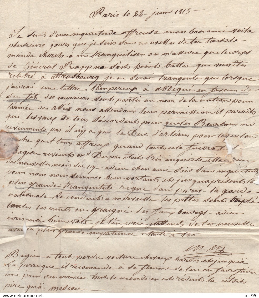 Destination Armee Du Rhin Par Strasbourg - 22 Juin 1815 - De Paris Avec Correspondance Evoquant L'abdication De Napoléon - 1801-1848: Précurseurs XIX