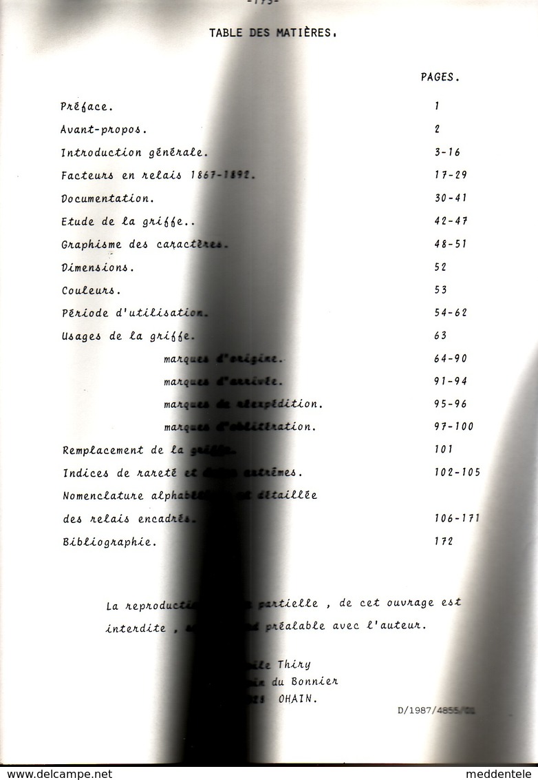 Les Griffes Encadrées Des Facteurs En Relais 1867-1892 Par E. THIRY 173 Pages - Filatelia E Storia Postale