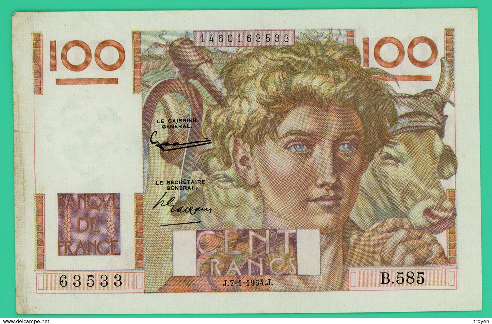 100 Francs - France -  Jeune Paysan - N° B.585 63533 - J.7=1=1954.J. - TB+  - - 100 F 1945-1954 ''Jeune Paysan''