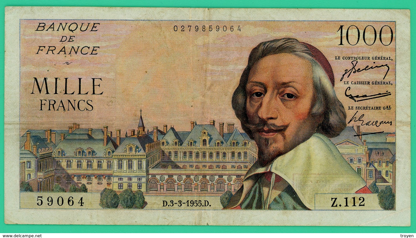 1000 Francs - France -  Richelieu - N°. Z.112 59064 / D.3-3-1955.D. - TTB  - - 1 000 F 1953-1957 ''Richelieu''