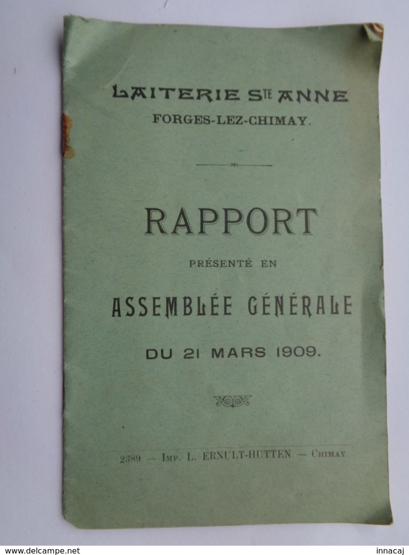 Réf: 9-7-20.   FORGES-LEZ-CHIMAY  Laiterie Ste-Anne   Rapport. - Alimentare