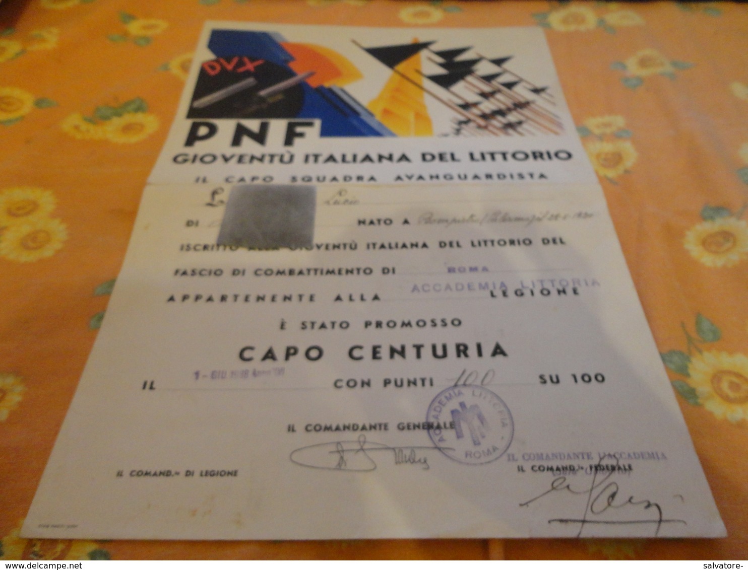 ATTESTATO  PROMOZIONE  CAPO CENTURIA-1938 - Diplomi E Pagelle