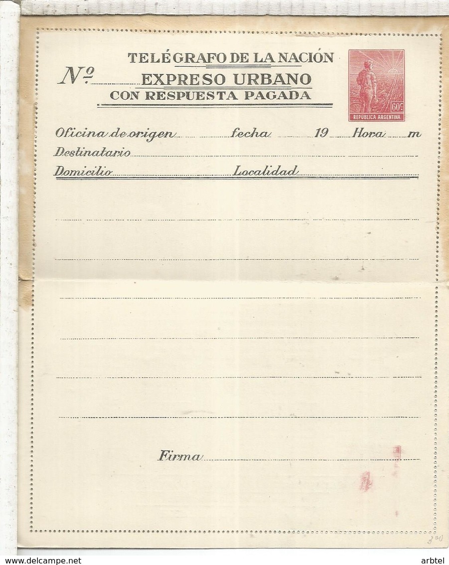 ARGENTINA ENTERO POSTAL TELEGRAFO DE LA NACION EXPRESO URBANO RESPUESTA PAGADA - Interi Postali