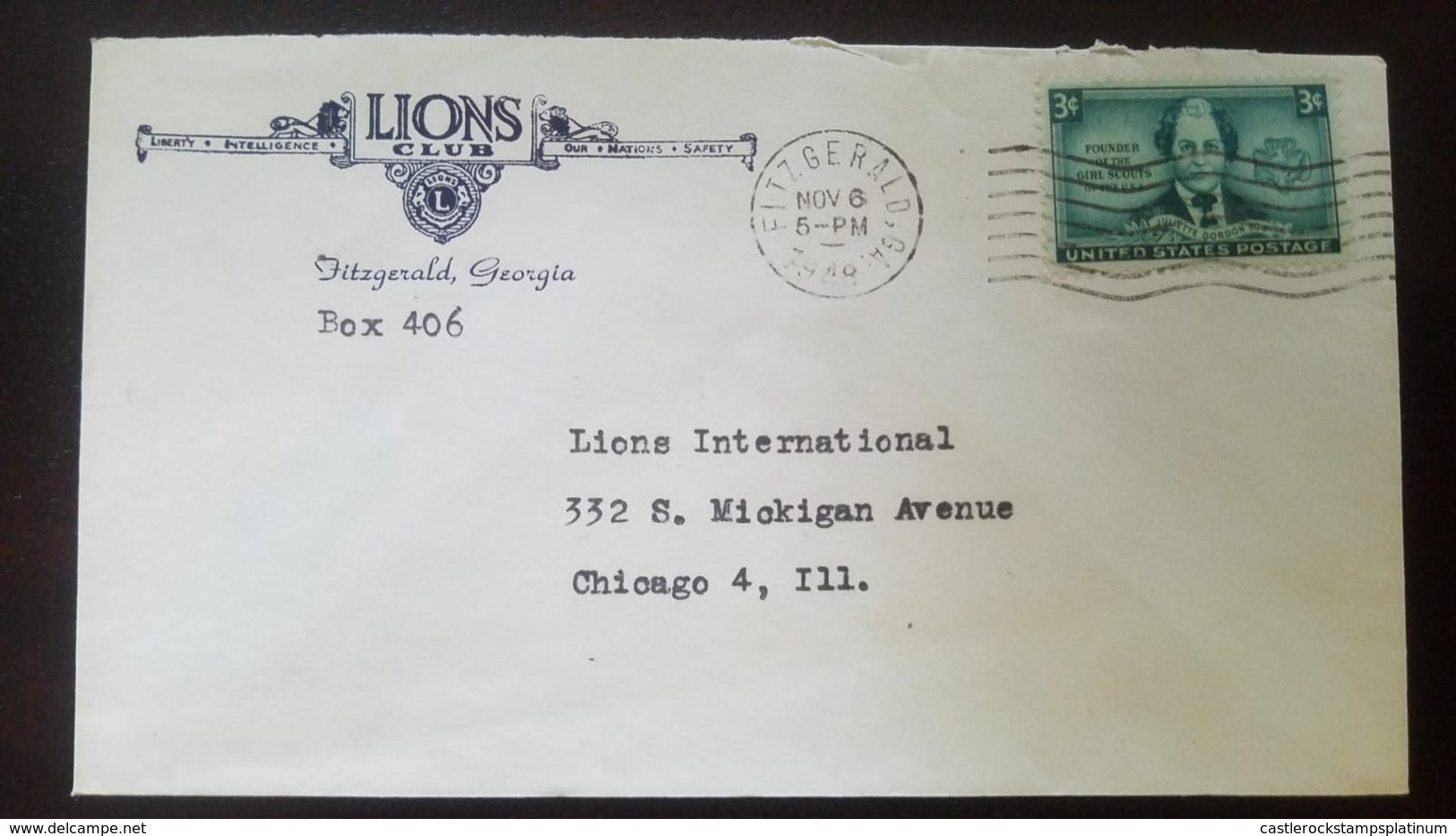 O) 1948 UNITED STATES - USA, JULIETTE GORDON LOW-FOUNDER OF GIRLS SCOUT IN AMERICA, SCOTT 974 3c, LIONS CLUB, TO CHICAGO - Lettres & Documents