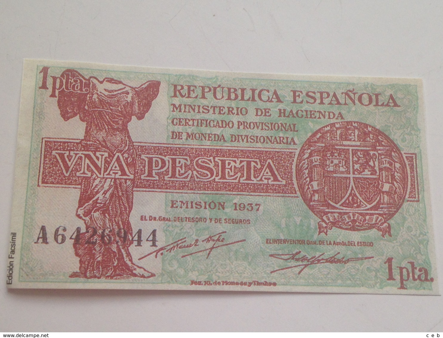 Billete 1 Peseta. 1937. República Española. Guerra Civil. Facsimil. Diosa Cibeles Madrid. Sin Circular - 1-2 Pesetas